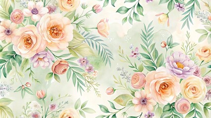  Elegant Watercolor Floral Design Featuring Soft Peach and Lavender Roses and Delicate Greenery