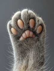 Wall Mural - Close-Up of Open Fluffy Cat Paws on Gray Background