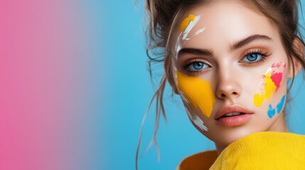 Wall Mural - woman with a face painted in bright colors. the colors are yellow, blue, and pink