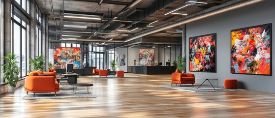 Canvas Print - Modern Office Lounge with Abstract Artwork and Orange Furniture