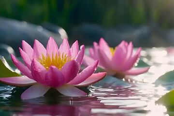 Poster - Two pink water lilies float on calm water, sunlight reflecting on petals.