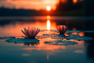 Poster - Two water lilies on calm lake at sunset.