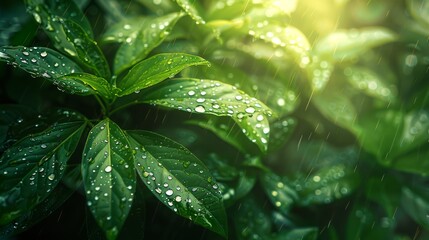 Wall Mural - Lush green leaves glistening with raindrops, sunlight shining through.