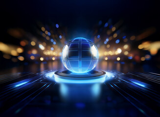 Aufkleber - A glowing orb, resembling a futuristic globe, rests on a circular platform amidst a vibrant, blurred cityscape.  Neon blue lines radiate outwards, suggesting technological advancement and global conne