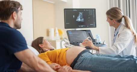 Aufkleber - Obstetrician Performing Ultrasound on Pregnant Woman while Partner Sitting Close By, Holding Her Hand and Watching at the Screen. Doctor Using Advanced Equipment to Examine Fetus on Computer Monitor