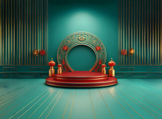 Poster - Elegant teal and red stage design.  Ornate gold accents and lanterns flank a circular red podium, perfect for product display or celebration.  Intricate detailing evokes a festive atmosphere.