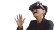 © Sandra - Asian caucasian middle age businesswoman watching vr glasses laughing and gesturing with hand on white background