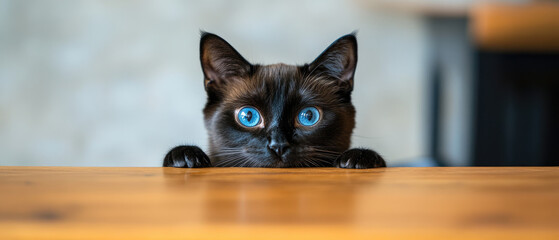 Wall Mural - Black Cat Peeking Over the Edge of an Empty Wooden Table Staring Directly Ahead