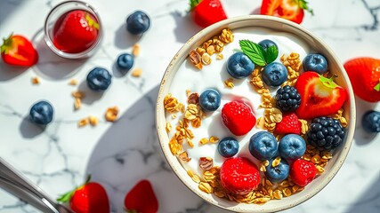 Sticker - A delightful bowl of creamy yogurt topped with crunchy granola, juicy strawberries, blueberries, and raspberries.