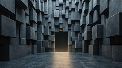 Wall Mural - A dimly lit corridor featuring textured walls made of cubic blocks, leading to a bright opening that hints at an unknown destination.