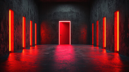 Wall Mural - A dimly lit corridor features vertical red light strips leading to a glowing door, creating a mysterious and dramatic atmosphere.