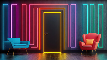 Wall Mural - A vibrant room featuring a neon-lit door against a dark wall, complemented by colorful chairs, creating a modern and inviting atmosphere.