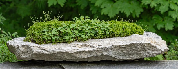 Wall Mural - A flat stone with lush green moss and small plants growing on top, set against a blurred green background of foliage.