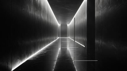 Wall Mural - A dark corridor illuminated by sleek lines of light, creating a stark contrast between shadow and brightness, evoking a sense of mystery and depth.