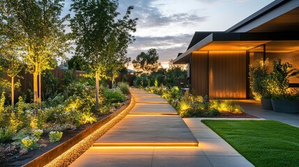 Wall Mural - Contemporary garden path bordered by warm LED lights, showcasing artistic landscape design under a twilight sky