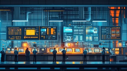 Futuristic control room with operators monitoring screens.