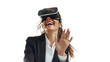 © Sandra - American caucasian young businesswoman watching vr glasses laughing and gesturing with hand on white background