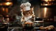 © Iaroslav - Funny kitten cat wearing chef apron uniform preparing delicious meal in a steaming pot on a stove in a modern kitchen