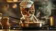 © Iaroslav - Funny kitten cat wearing chef apron uniform preparing delicious meal in a steaming pot on a stove in a modern kitchen