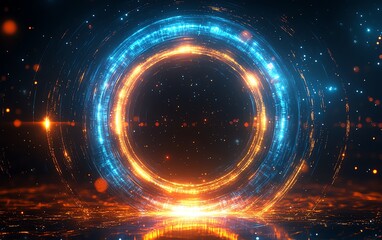 Canvas Print - Glowing digital circle with vibrant blue and orange lights, symbolizing the fusion of technology and innovation, sleek modern futuristic energy, dynamic glowing effect