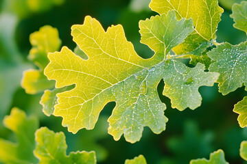 Poster - Close-up of vibrant green and yellow leaf with dew drops, illuminated by sunlight.