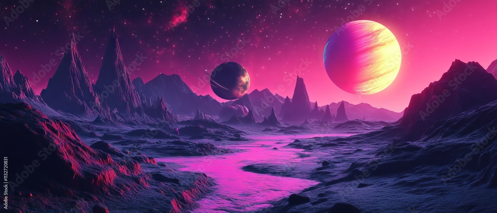Surreal neon-lit alien landscape featuring vibrant planets, glowing ...