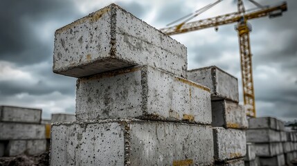 Poster - Industrial building site close-up on concrete block stacking for project development and construction actions