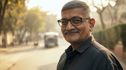 Wall Mural - Man with glasses and a mustache is standing on a street