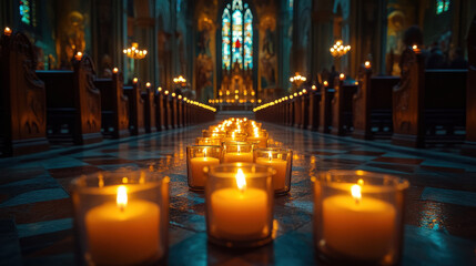 Wall Mural - A cathedral interior with rows of candles creating a serene and sacred atmosphere