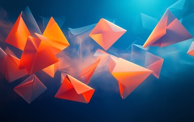 Aufkleber - Abstract floating blue and orange envelopes in dark space, a colorful and dynamic background symbolizing digital communication and modern technology