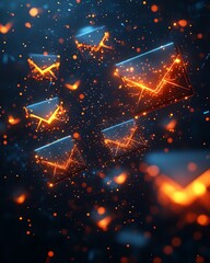 Aufkleber - Blue and orange envelopes floating in a dark space, creating an abstract visual of communication, movement, and modern design with glowing accents