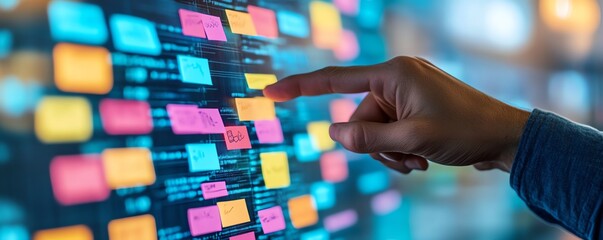 Aufkleber - Closeup of a hand pointing at a digital screen with colorful sticky notes and flowing data, symbolizing productivity, innovation, and digital organization