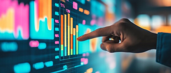 Fototapete - Closeup of a hand pointing at a digital display filled with colorful sticky notes, data charts, and graphs, symbolizing techdriven organization and workflow optimization