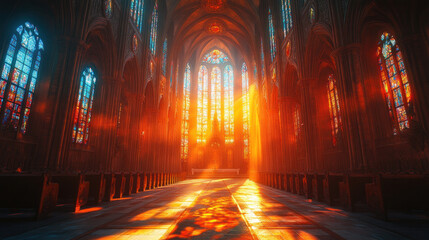 Wall Mural - A cathedral interior with vaulted ceilings, dramatic light filtering through stained glass windows