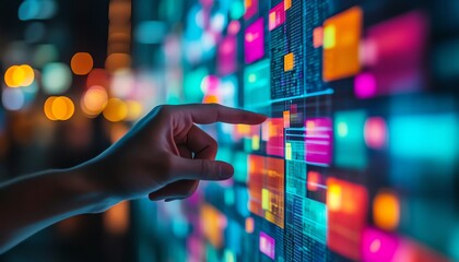 Aufkleber - Hand pointing at a digital display with sticky notes and vibrant data, symbolizing the connection between technology, data analysis, and organization