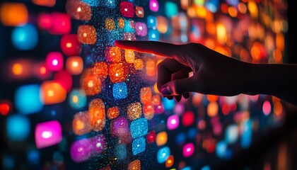 Aufkleber - Hand pointing at a digital screen filled with colorful sticky notes and data, representing organization, technology, and information management, vibrant and interactive concept