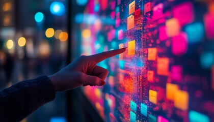 Fototapete - Hand pointing at a digital screen filled with colorful sticky notes and data, representing organization, technology, and information management, vibrant and interactive concept