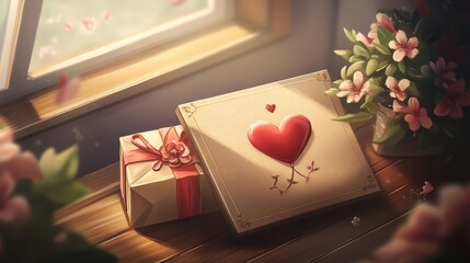 Wall Mural - Romantic Gift Setting with Heart-Shaped Box and Flowers, Perfect for Celebrating Love, Birthdays, Anniversaries and Special Moments in a Cozy Atmosphere