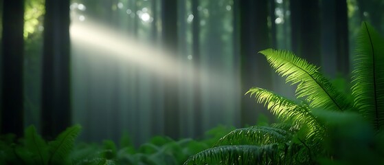 Canvas Print - Sunbeams illuminate ferns in a misty forest.