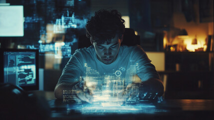 Young programmer focuses on code and virtual data visualization at night in a modern workspace