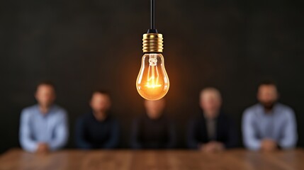 Wall Mural - a glowing light bulb hangs in focus above a group of blurred individuals seated at a table, suggesti