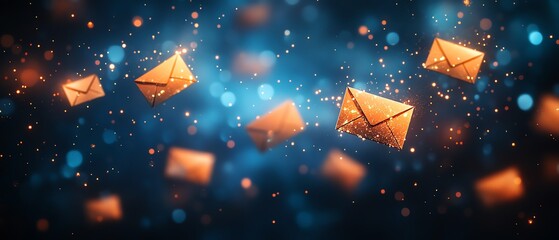 Aufkleber - Abstract background of blue and orange envelopes floating in a dark space, symbolizing communication, contrast, and modern design