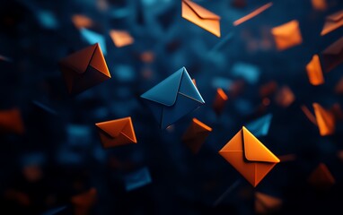 Aufkleber - Abstract dark space with floating blue and orange envelopes, a visually striking scene symbolizing technology, digital communication, and dynamic design