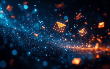 Aufkleber - Abstract dark space with floating blue and orange envelopes, a visually striking scene symbolizing technology, digital communication, and dynamic design
