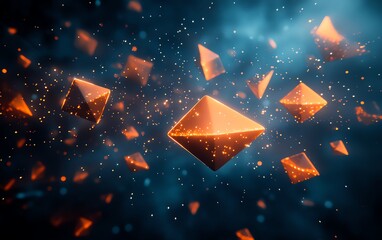 Poster - Abstract dark space with floating blue and orange envelopes, a visually striking scene symbolizing technology, digital communication, and dynamic design