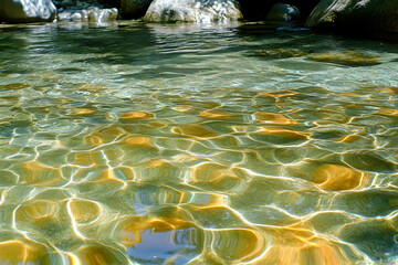 Poster - Crystal-clear water reflects sunlight, creating ripples and patterns on the riverbed.