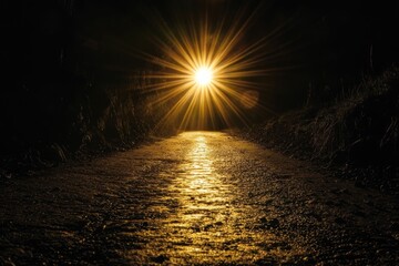 Wall Mural - Golden light radiates down dark path.