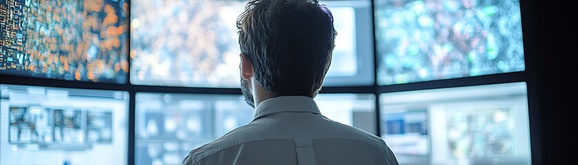 Poster - Focused individual analyzing complex data on multiple screens in a modern control room, emphasizing technology, cybersecurity, and data protection