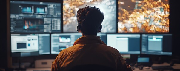 Leinwandbilder - Focused individual in a modern control room analyzing realtime data on multiple screens, emphasizing advanced technology, cybersecurity, and digital protection