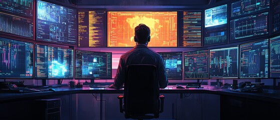 Leinwandbilder - Focused individual working in a modern control room, analyzing data on multiple screens, emphasizing technology, cybersecurity, and digital threat management